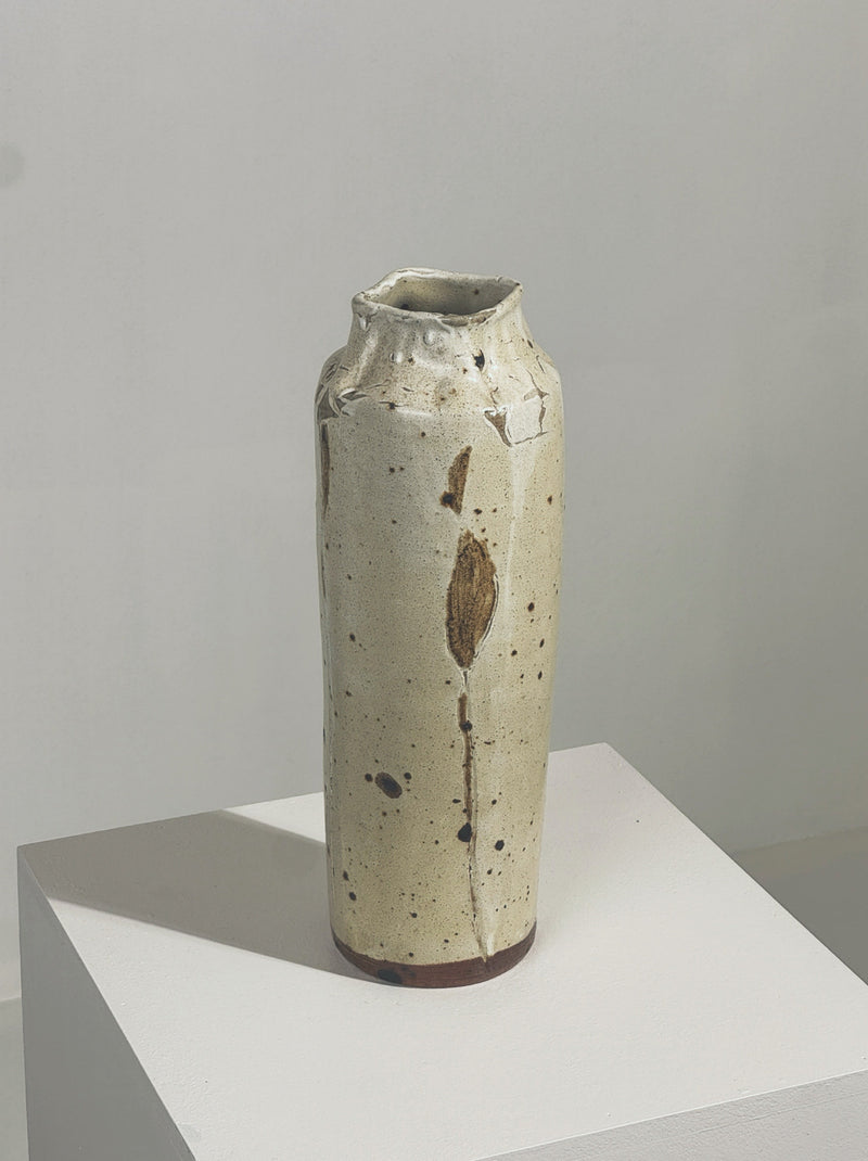 Large cream stoneware vase with brown botanical motifs, France 1960s