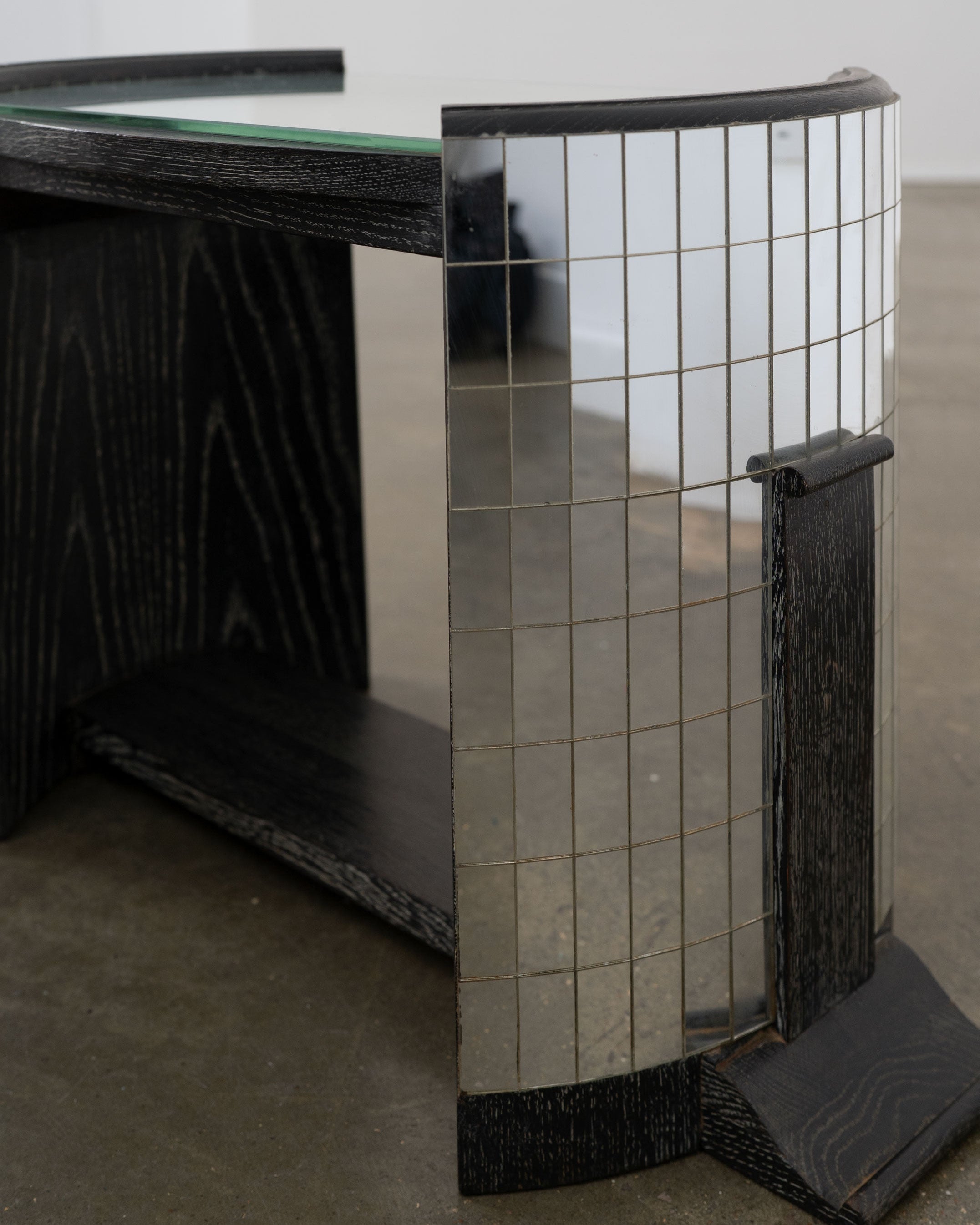 Ebonised Modernist Oak and Mirror Mosaic Side Table — side angle showing mirrored mosaic detail