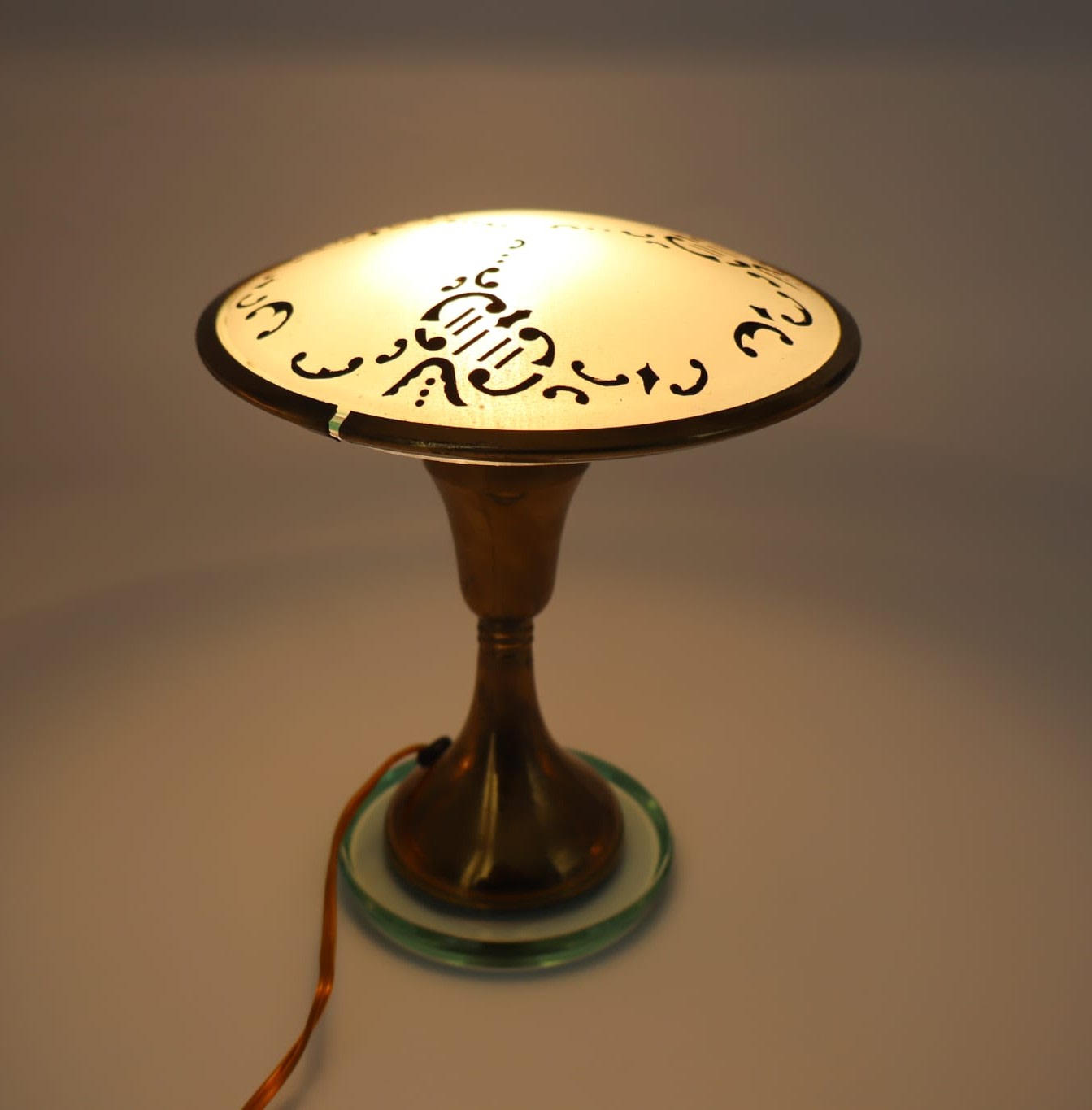 Italian Small Table Lamp, Brass, Glass, Italy, 1940s — side angle showing decorative glass shade