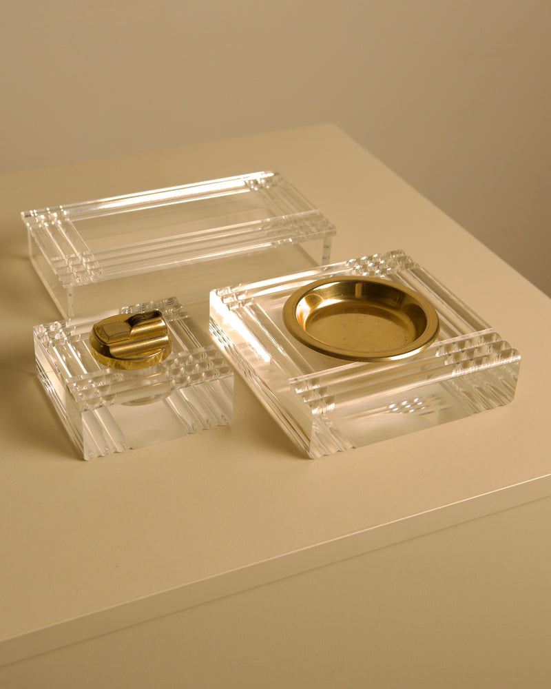 Italian Plexiglass and Brass Smoking Desk Set 70s by Treaptyque | The Oblist — vintage clear acrylic design