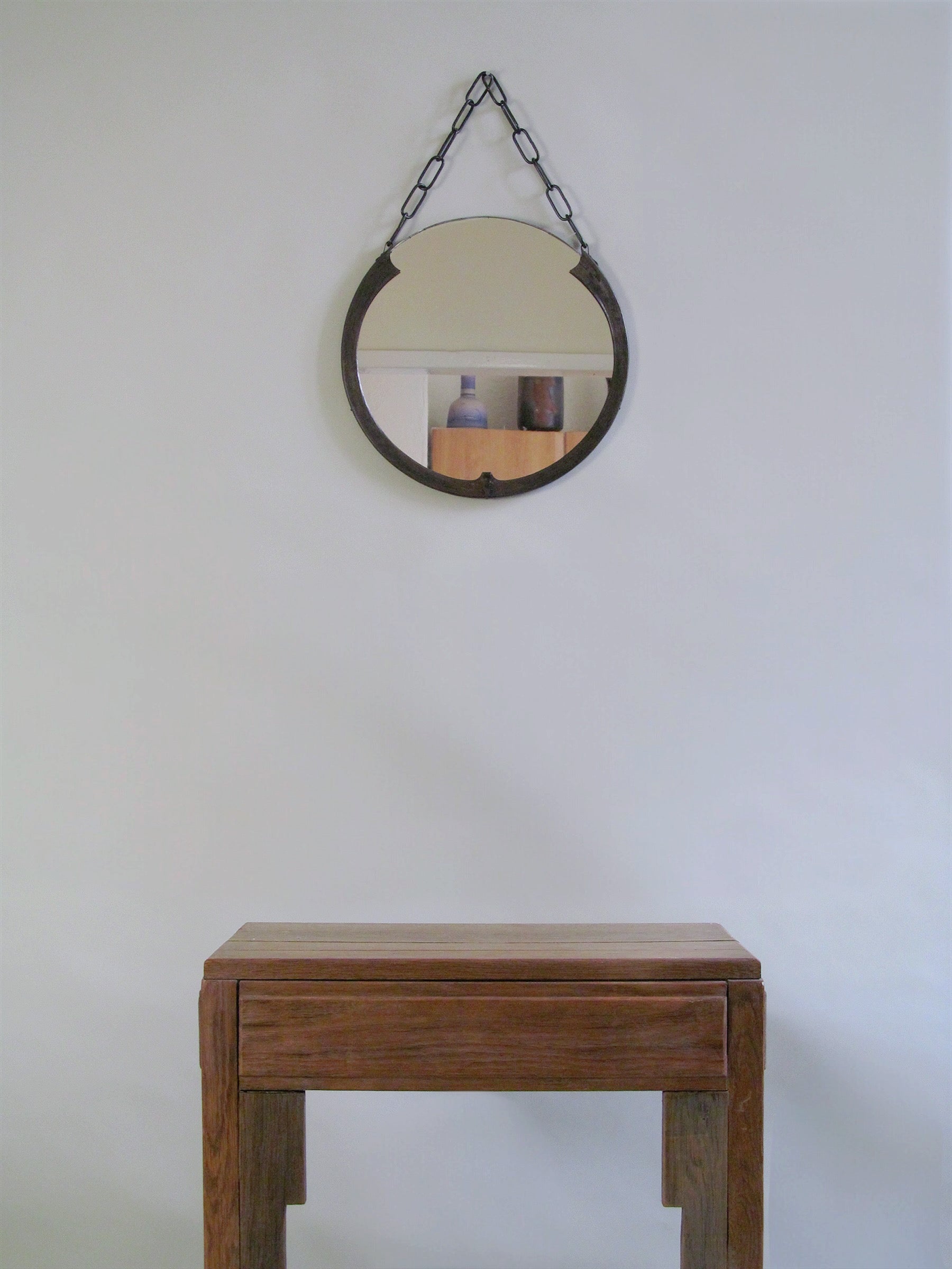 Amsterdam School Side Table c.1920 — front view with wooden drawer and mirror