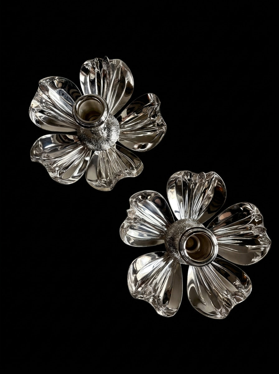 Italian Silver-Plated Magnolia Candleholders - c. 1970s — side angle highlighting floral design