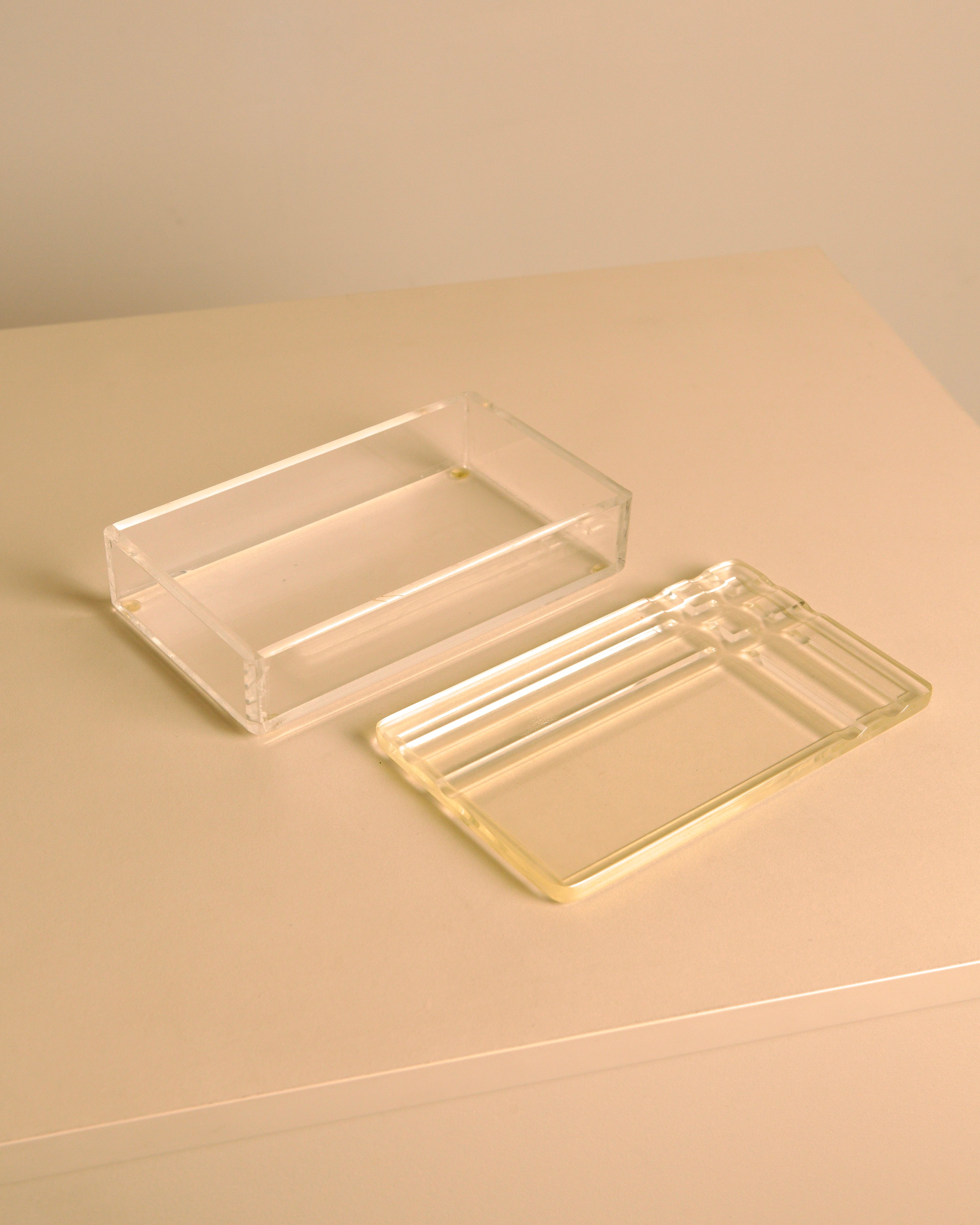 Italian rectangular box in patinated plexiglass, 1970s — side angle