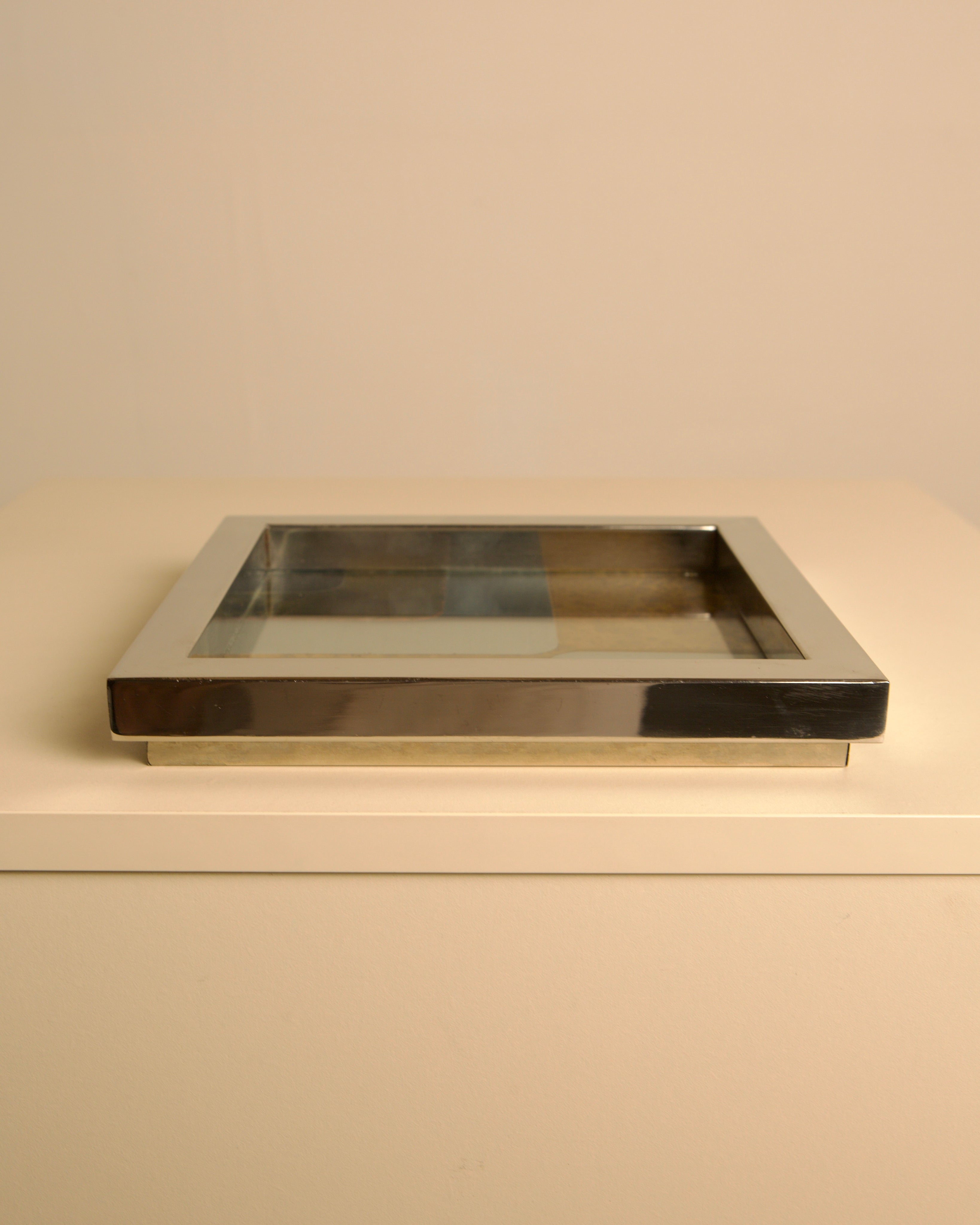 Italian square metal, glass, wood-effect and 70s patina catchall — detail view