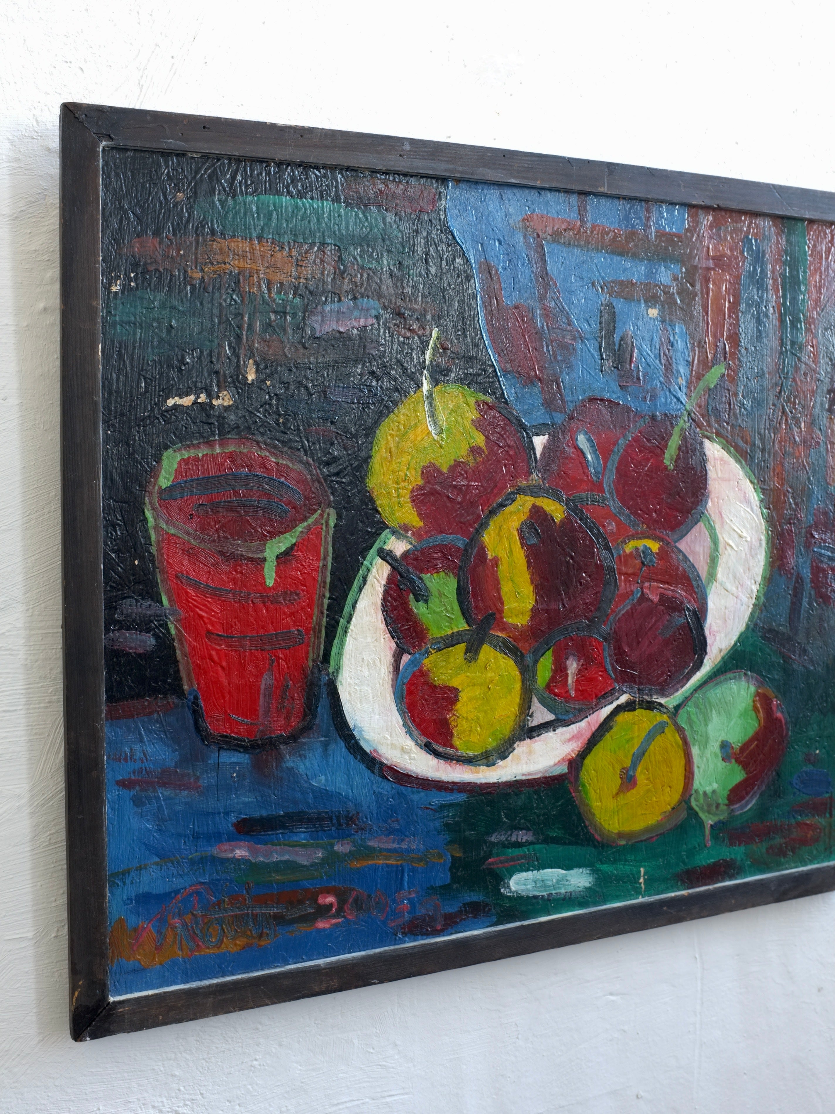 Uldis Rēdelis Still Life Painting "With Red Vessel" | Latvia | 2005 — angled view highlighting vibrant fruit colors