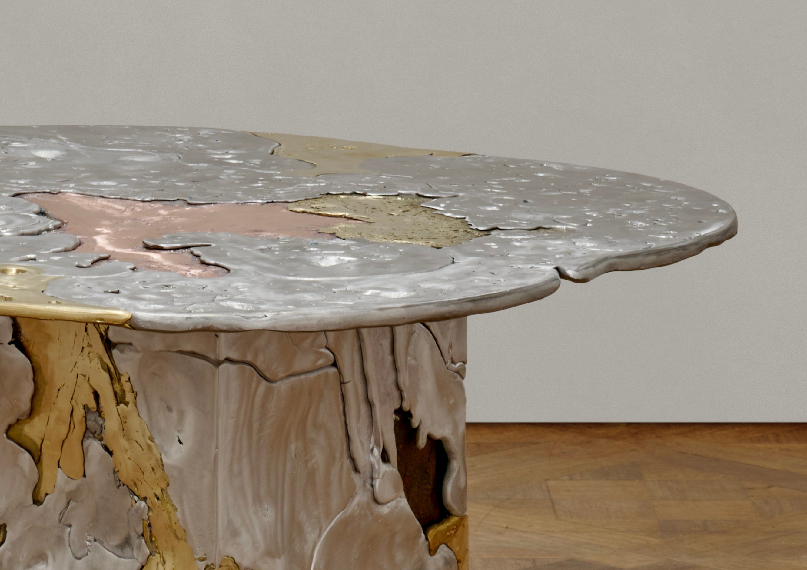 Elemental Patchwork' Coffee Table — close-up of textured surface with metallic accents