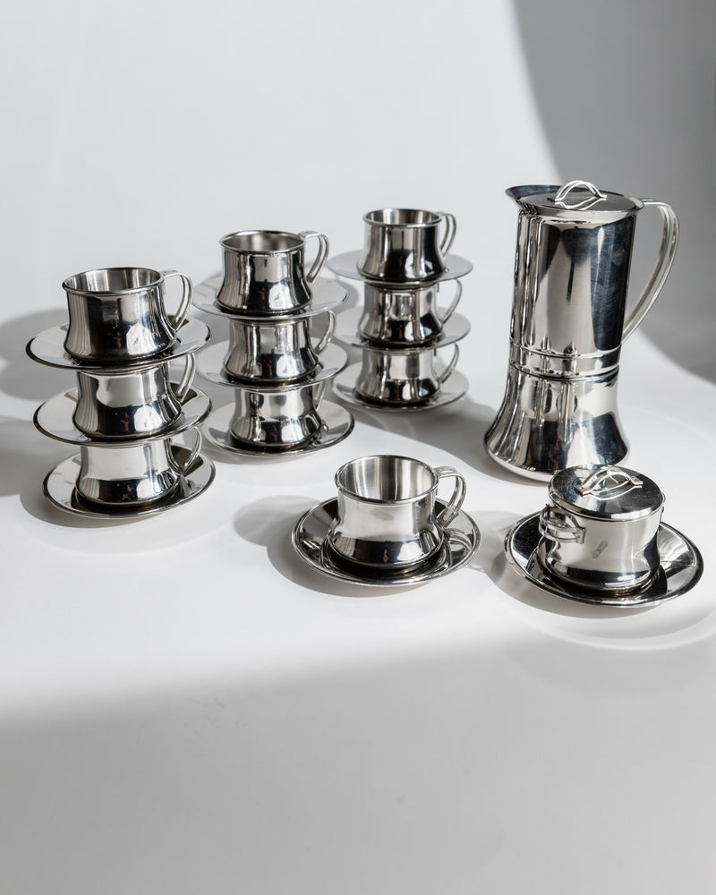 1980s stainless steel coffee set with cups, saucers and pot
