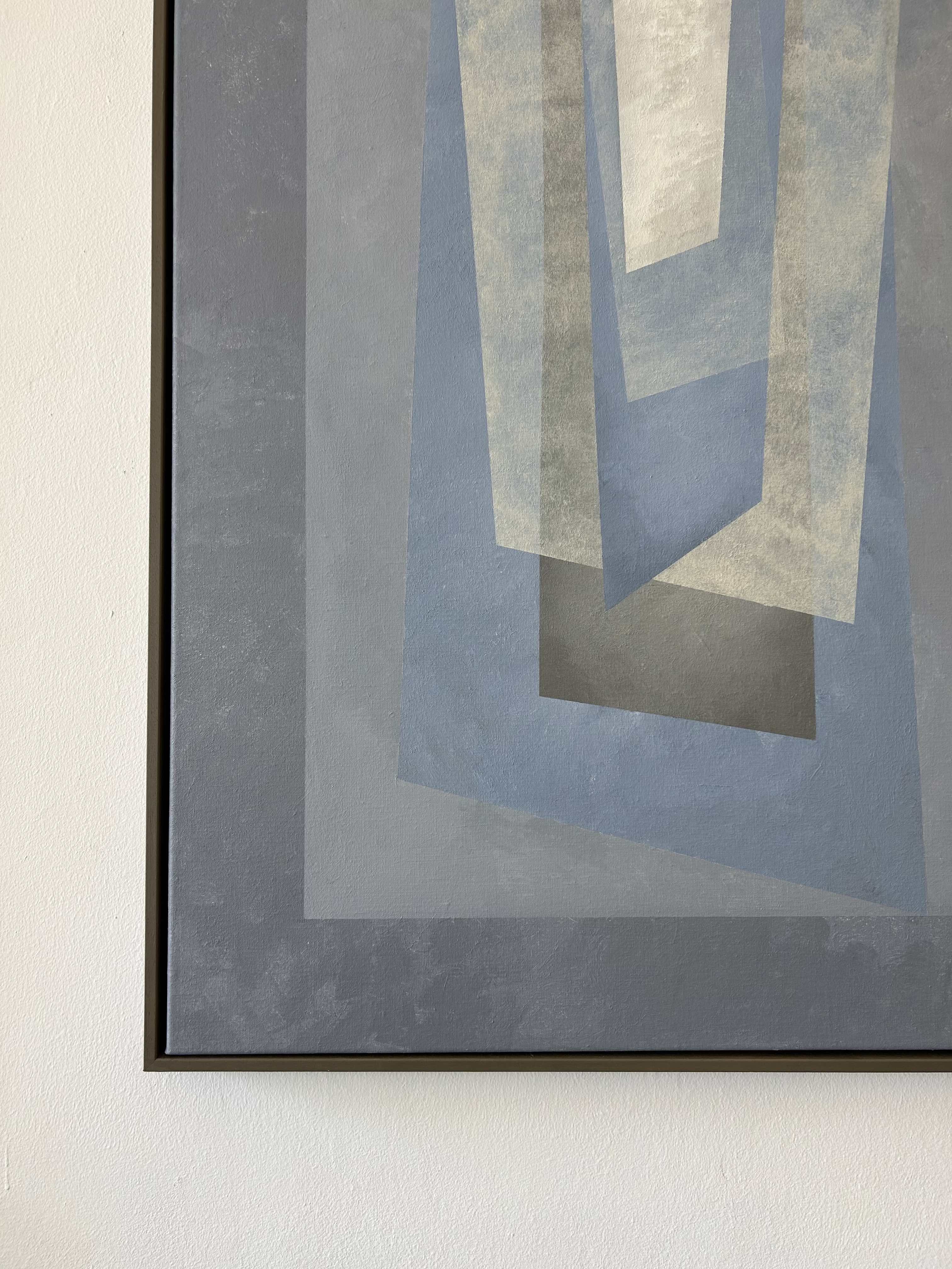 The "Floating" painting by Iris Bavelaar features overlapping blue, gray, and white geometric shapes, offering a layered look. Only part of this contemporary artwork is visible—ideal as modern living room art for a light-colored wall.