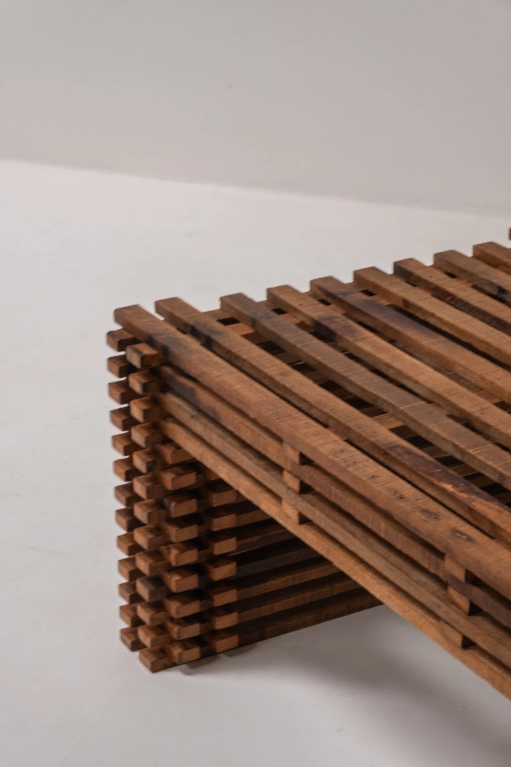Vintage Wooden Slatted Coffee Table – Sculptural Design, 1970s Style — lifestyle setting