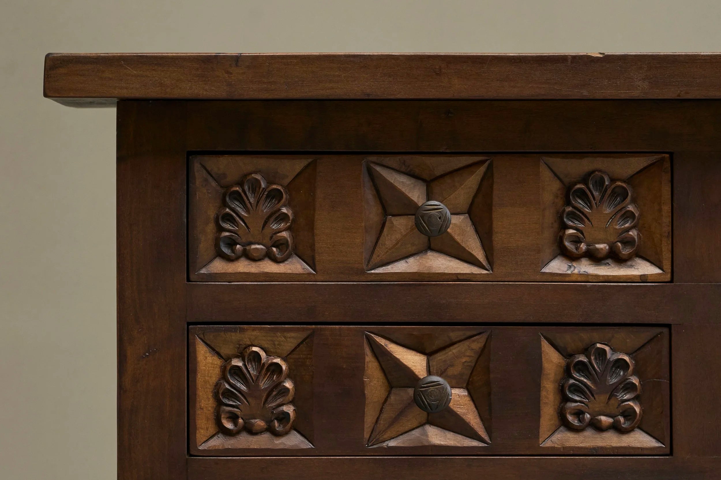 Spanish Style Sideboard in Hand-Carved Solid Walnut and Wrought Iron Early 20th Century — lifestyle setting