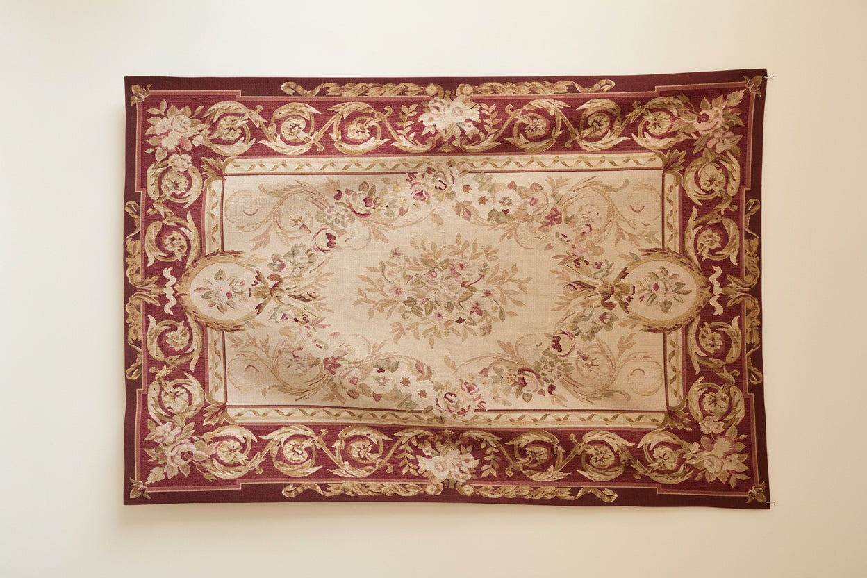 Late 19th Century Aubusson Tapestry with Floral Medallion — overhead view on neutral background