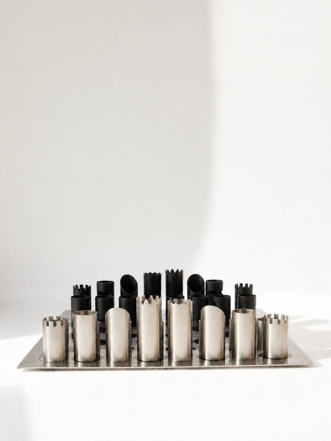 Rare Italian Modernist Steel Chess Set, Architectural Geometric Design — side angle