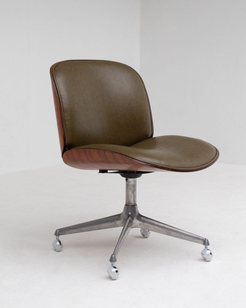 Ico Parisi Office Chair in Wood and Metal by Malata Antwerp | The Oblist — modern metal base, olive green upholstery