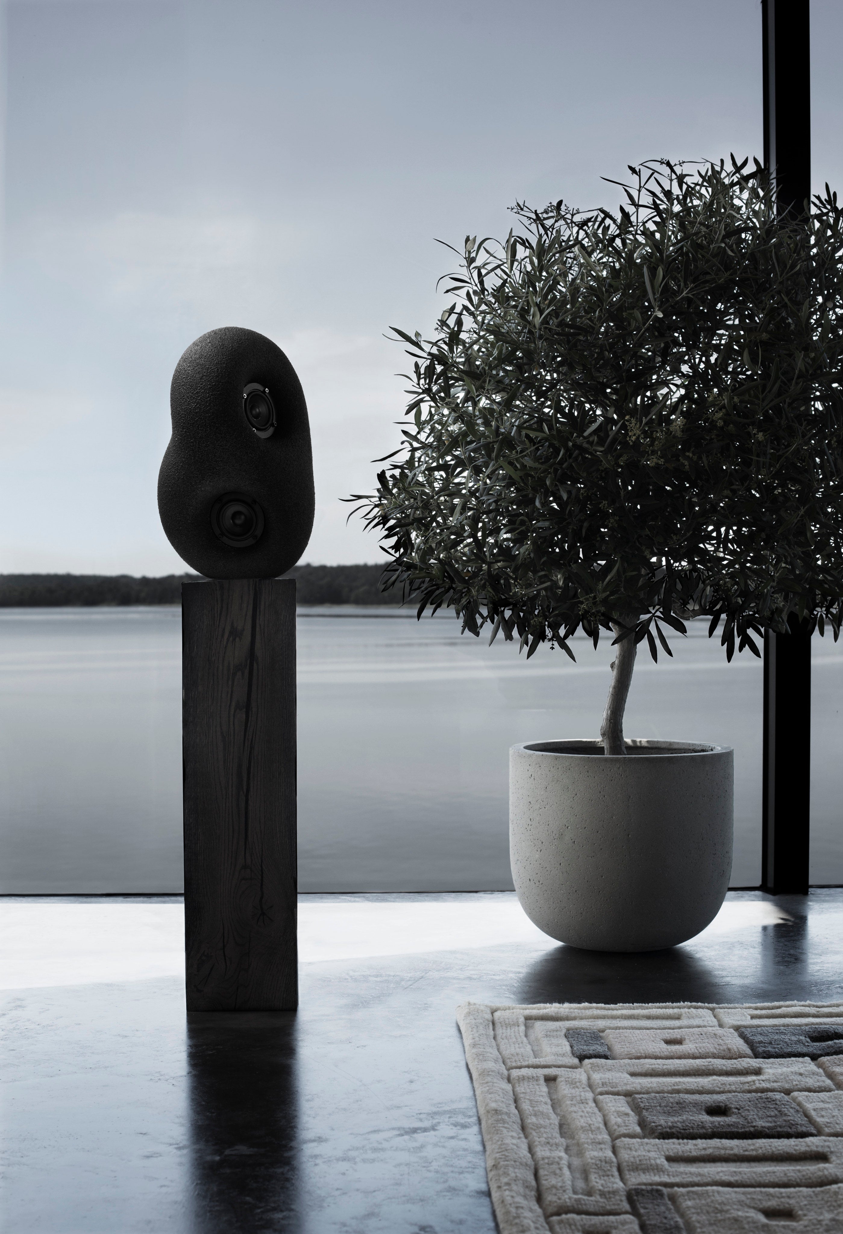 Acoustic Sculpture Black - Bluetooth — side angle on wooden pedestal with plant
