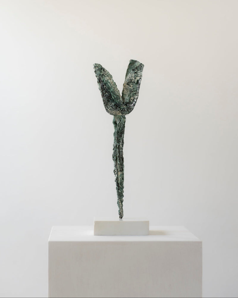 Ancient bronze harpoon sculpture with weathered patina by Clark Broadwood-Smith