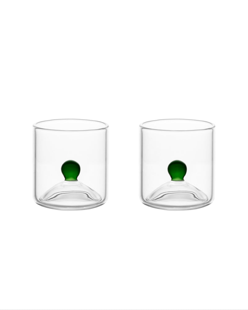 Two clear glass shot glasses with green sphere detail, Las Chicas duo