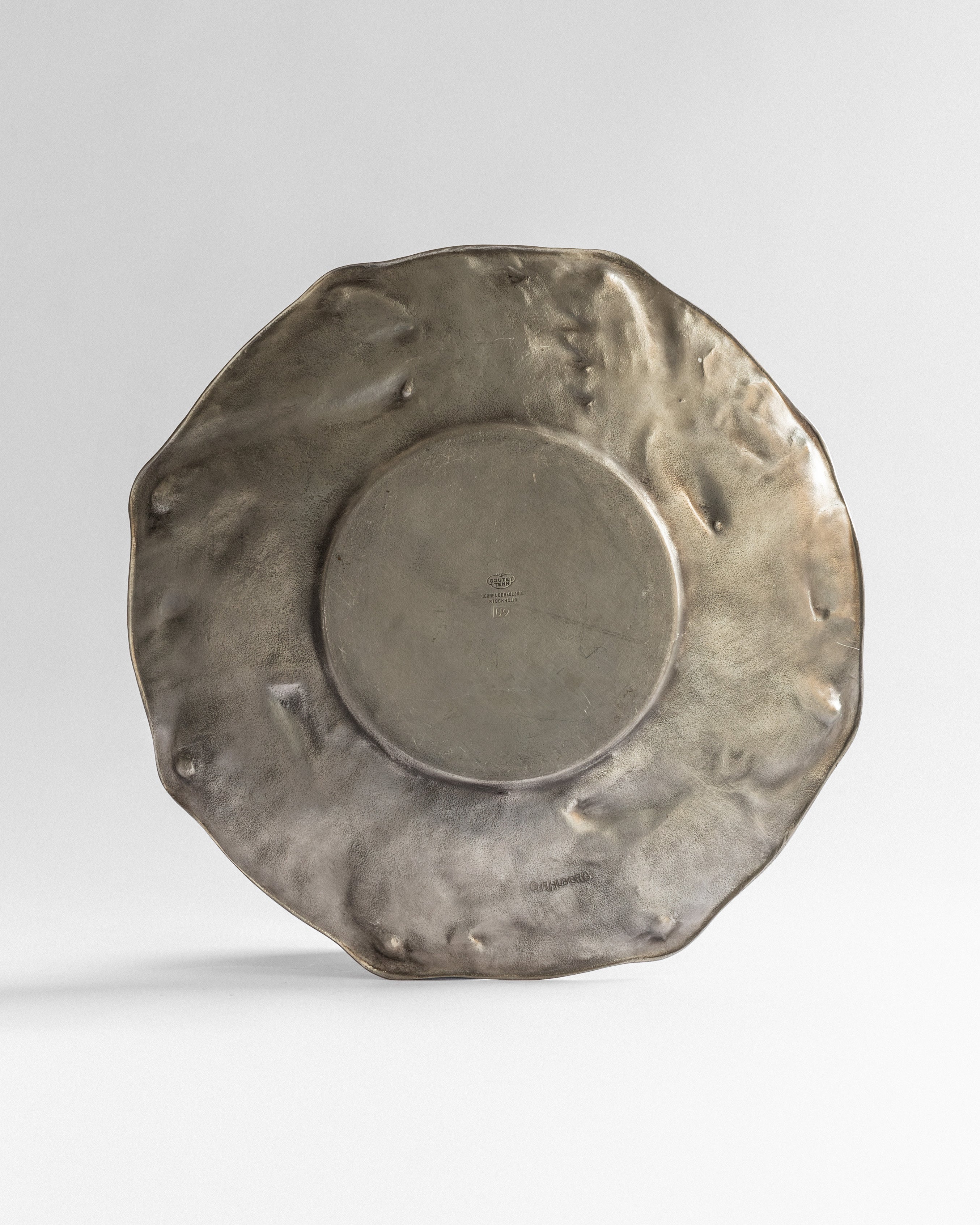 Large Art Nouveau-Style Pewter Plate by Olof Ahlberg, Sweden — side angle