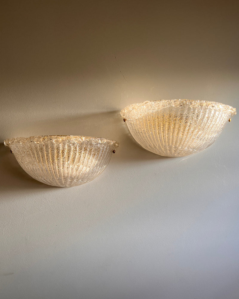 Large Pair of Murano 'Graniglia' Glass Scalloped Wall Lights by Maud Vaughan | The Oblist — handcrafted clear glass design