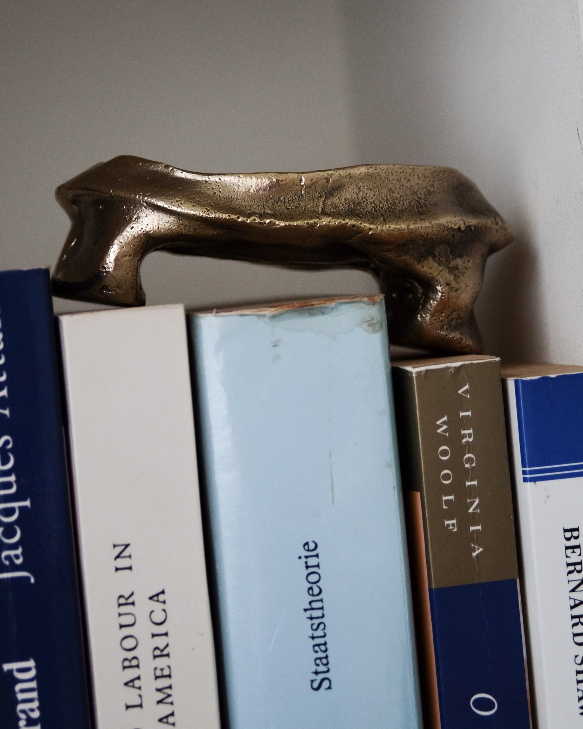 MOORE Tray/Catchall — side angle on bookshelf with brass finish