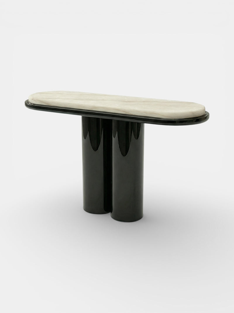 Ida Black Lacquered And Ivory Onyx Console — close-up of glossy black surface and onyx top
