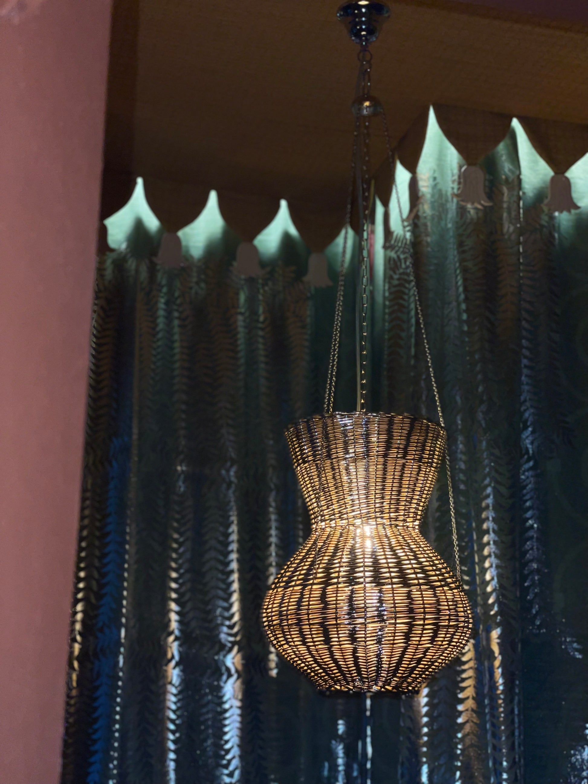 OMAN Contemporary Pendant Light design by Léa Zeroil in Metal and Woven Wicker — back view highlighting woven wicker texture