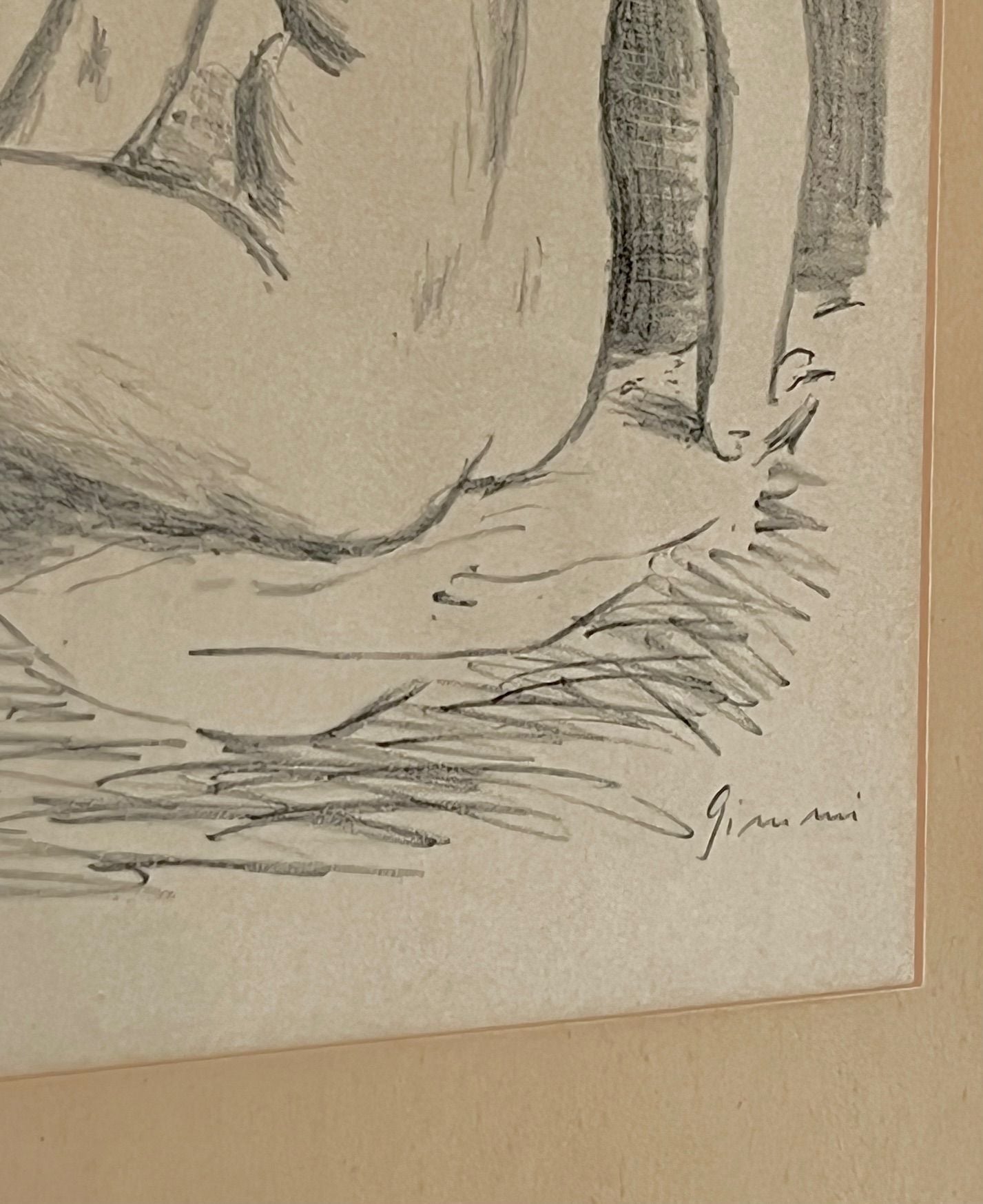 Corner detail showing artist signature on bathing women lithography