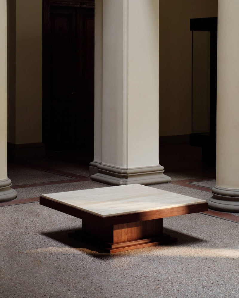 Sofa Table 01 Walnut Wood and Travertine — angled view in minimalist setting