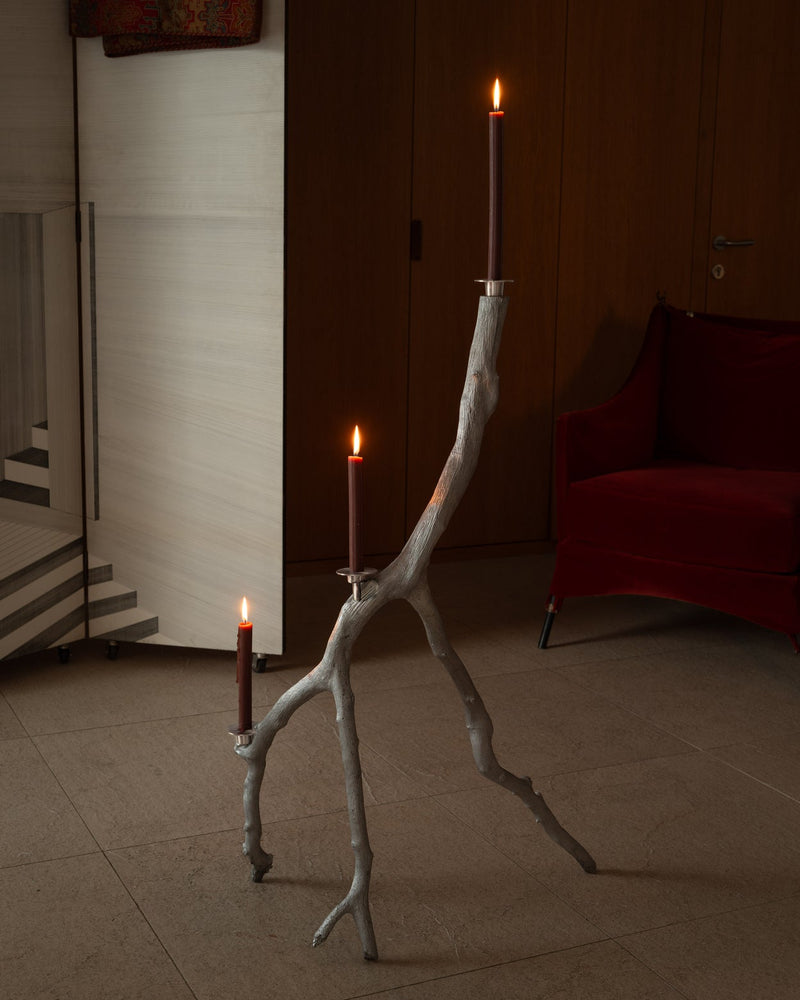 Wild Hazel Candelabra Candle Holder in Cast Aluminium Metal — side angle