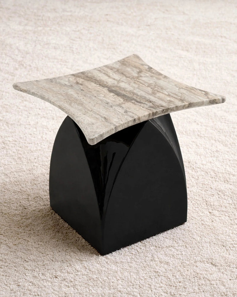 ARCH Side Table - Travertine by hm-LI Studio | The Oblist — travertine top, black base