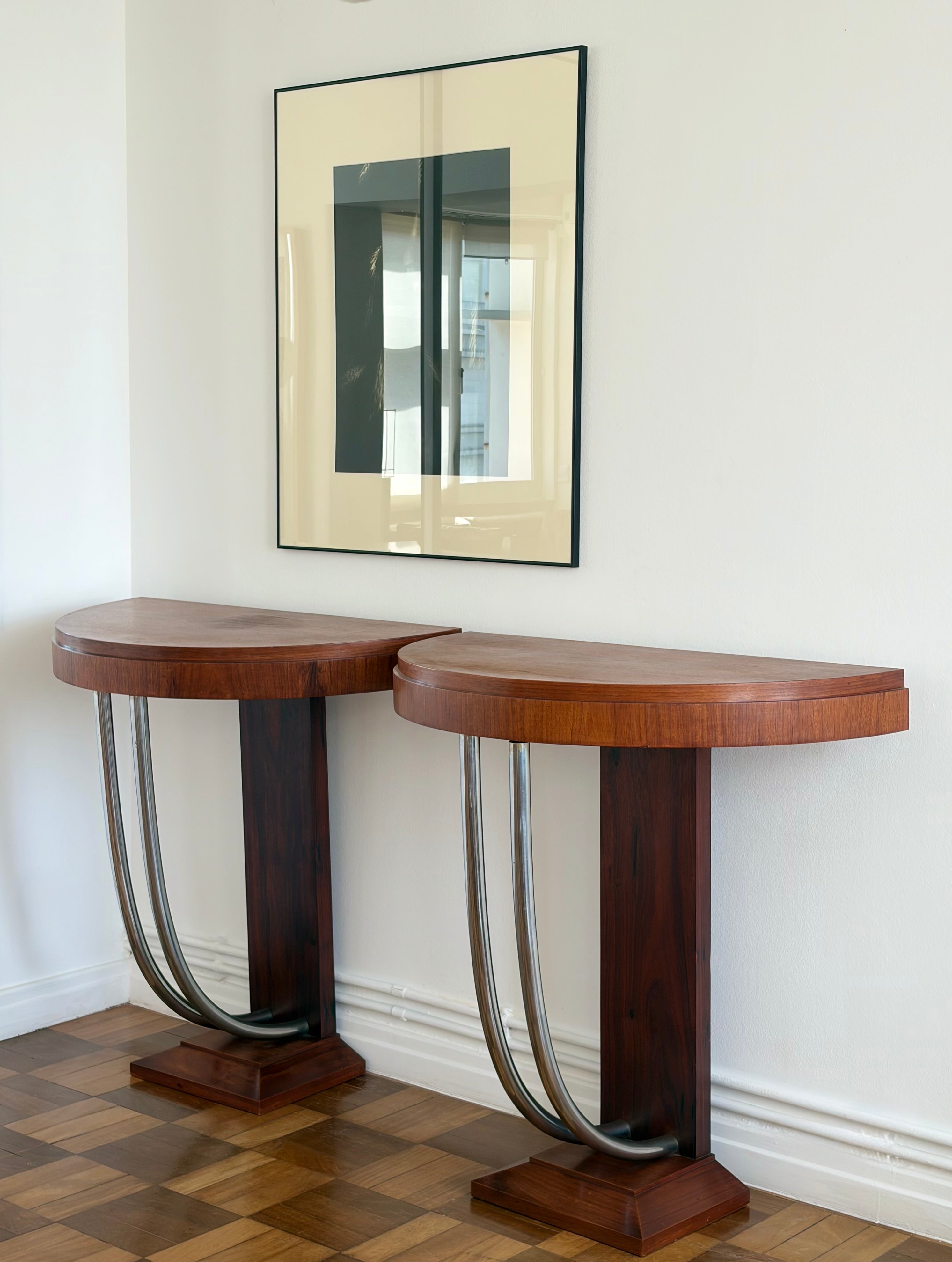 French Art Deco Rosewood Demilune Console Tables, Pair, c. 1930s — side angle