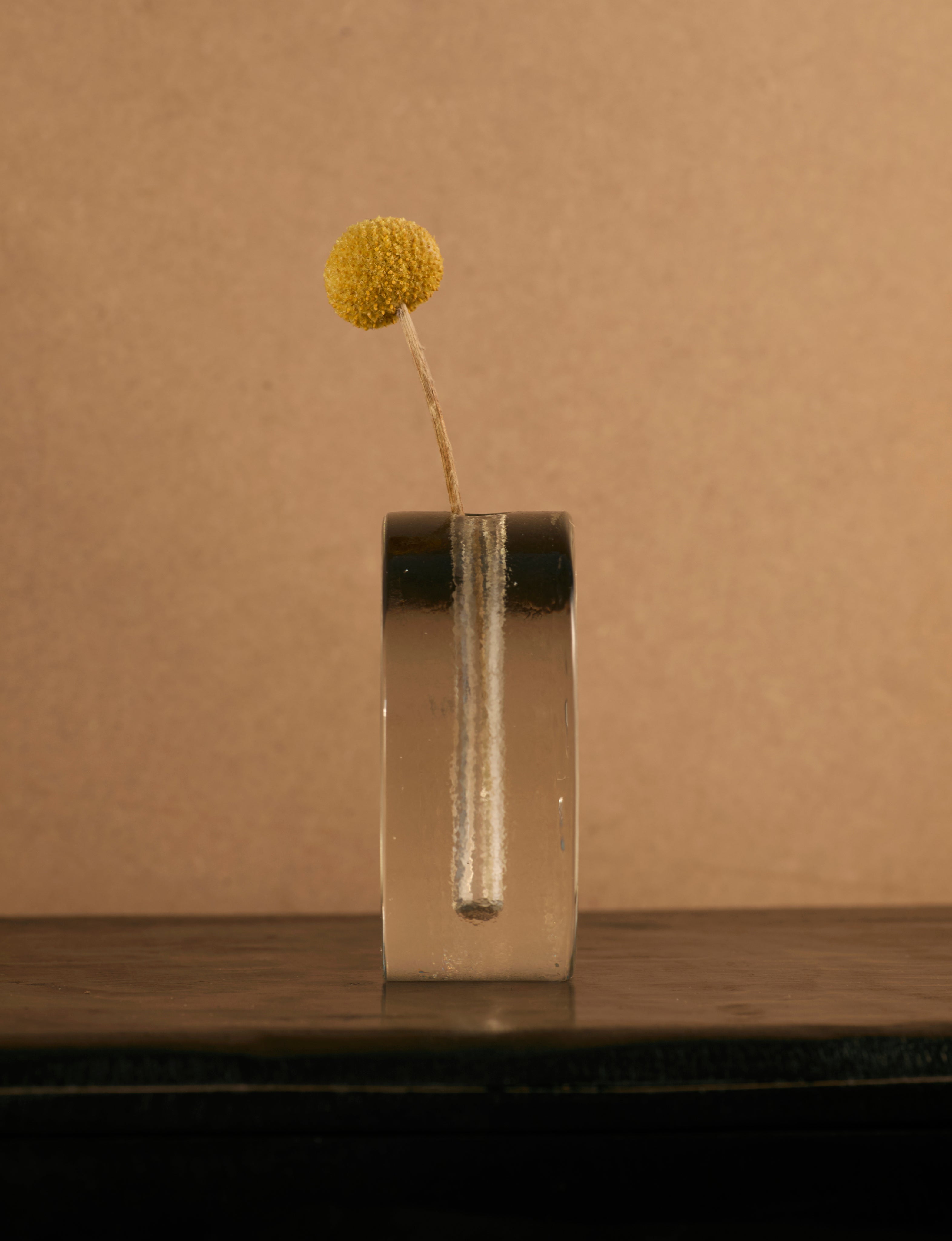 Vintage Scandinavian Vase in Glass c. 1960 — top view with yellow flower