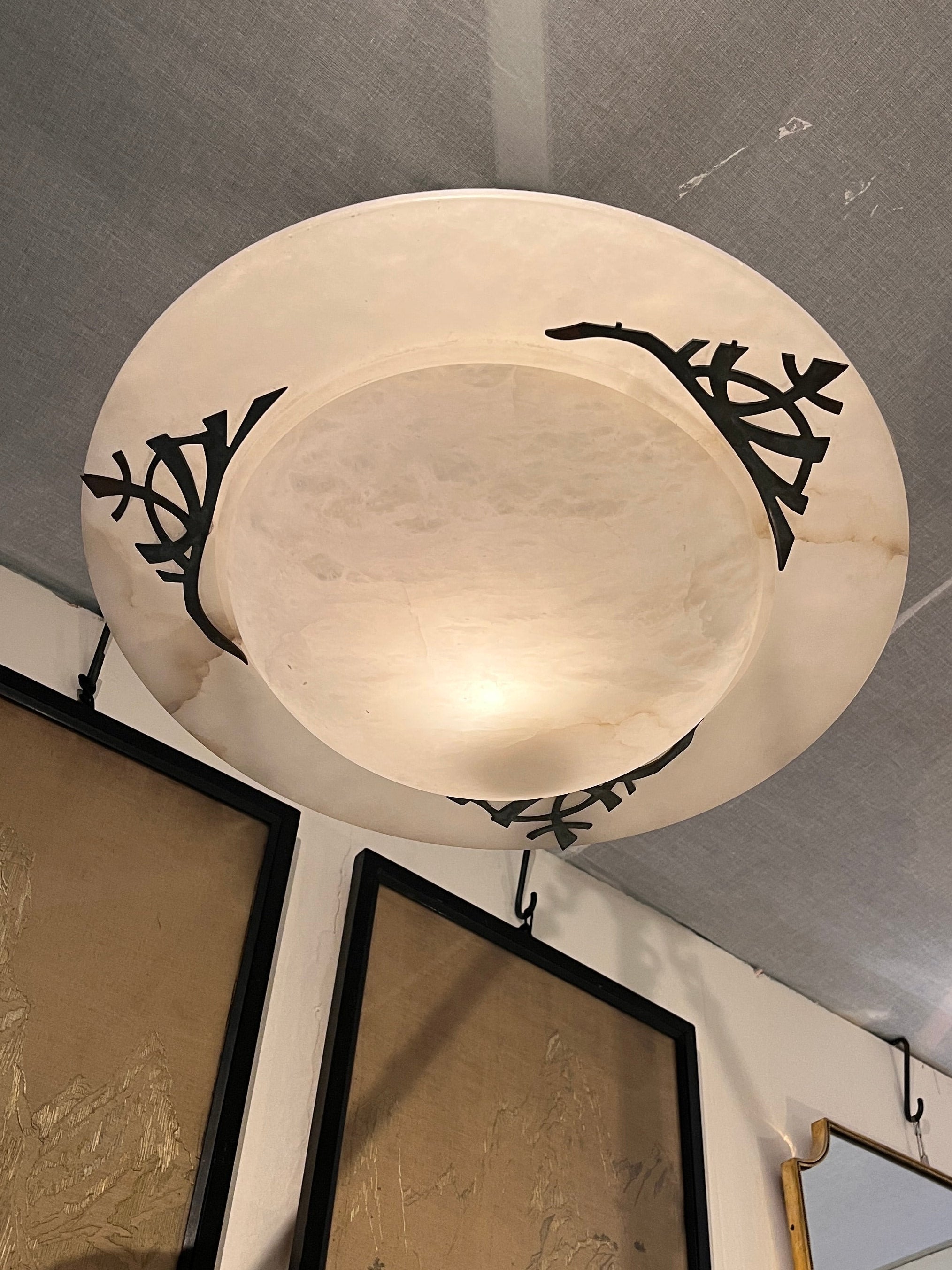 Art Deco Revival Carved Alabaster Plafonnier — top view with black metal accents