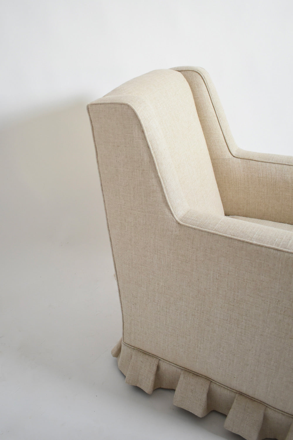 Pair of off white fringe armchairs, 1940s — close-up