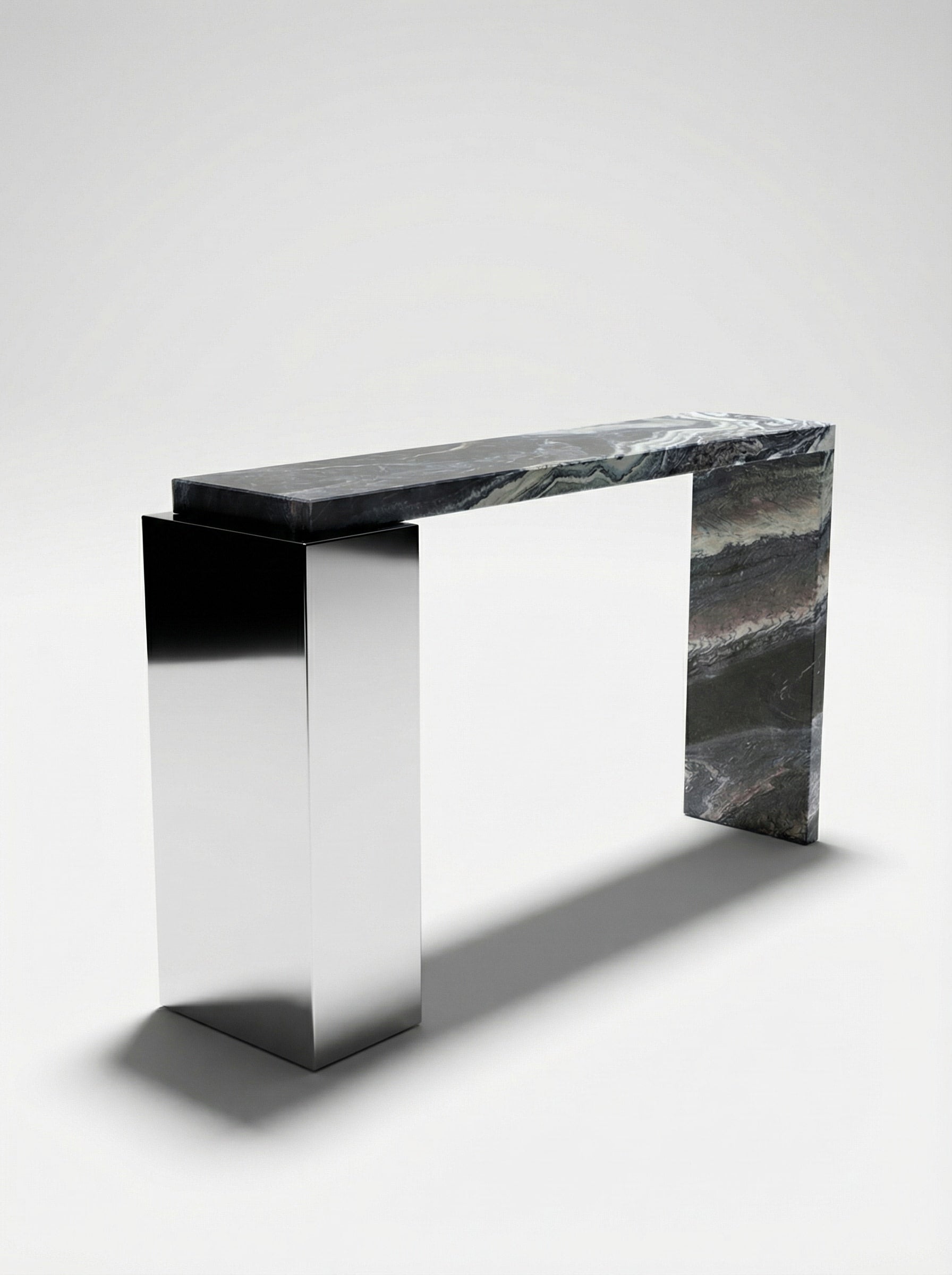 Jill Console Cipolino Marble & Inox — side angle showing polished inox base