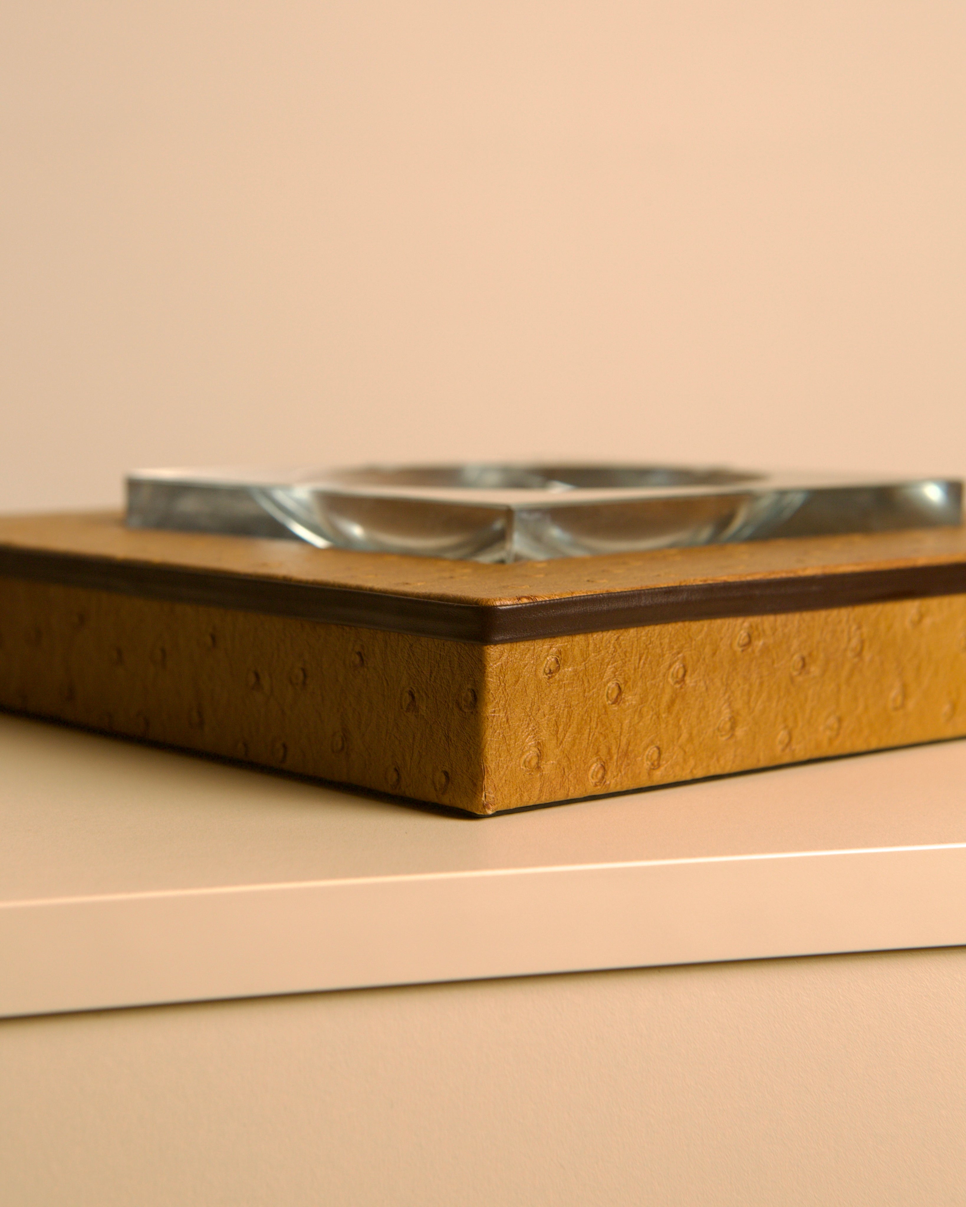 Glass and Faux Ostrich Leather Ashtray, Italy, 1980s — close-up