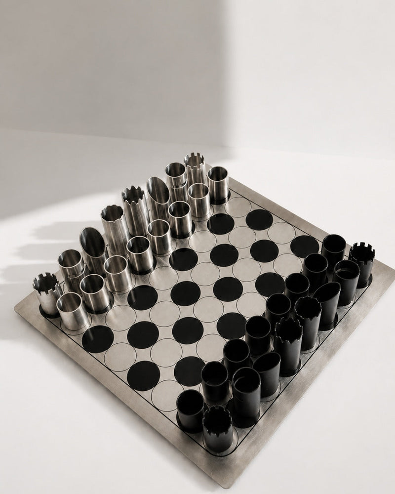Rare Italian Modernist Steel Chess Set, Architectural Geometric Design by Trove Paris | The Oblist