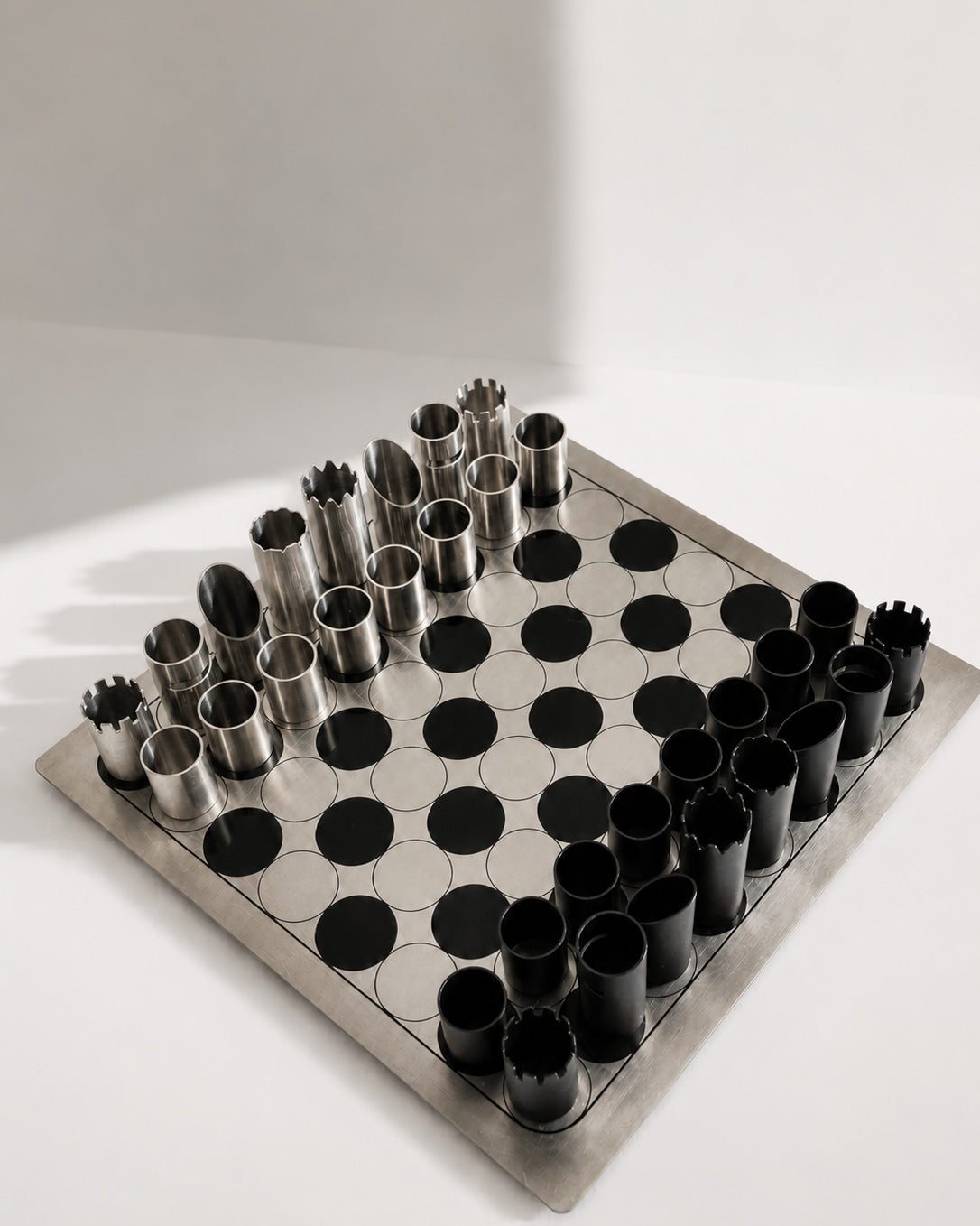 Rare Italian Modernist Steel Chess Set, Architectural Geometric Design by Trove Paris | The Oblist