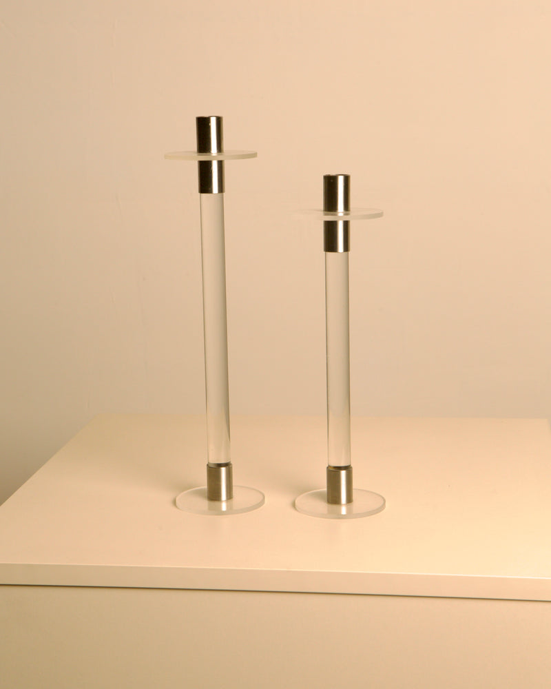 Pair of Italian Lucite and silver candleholders from the 1970s