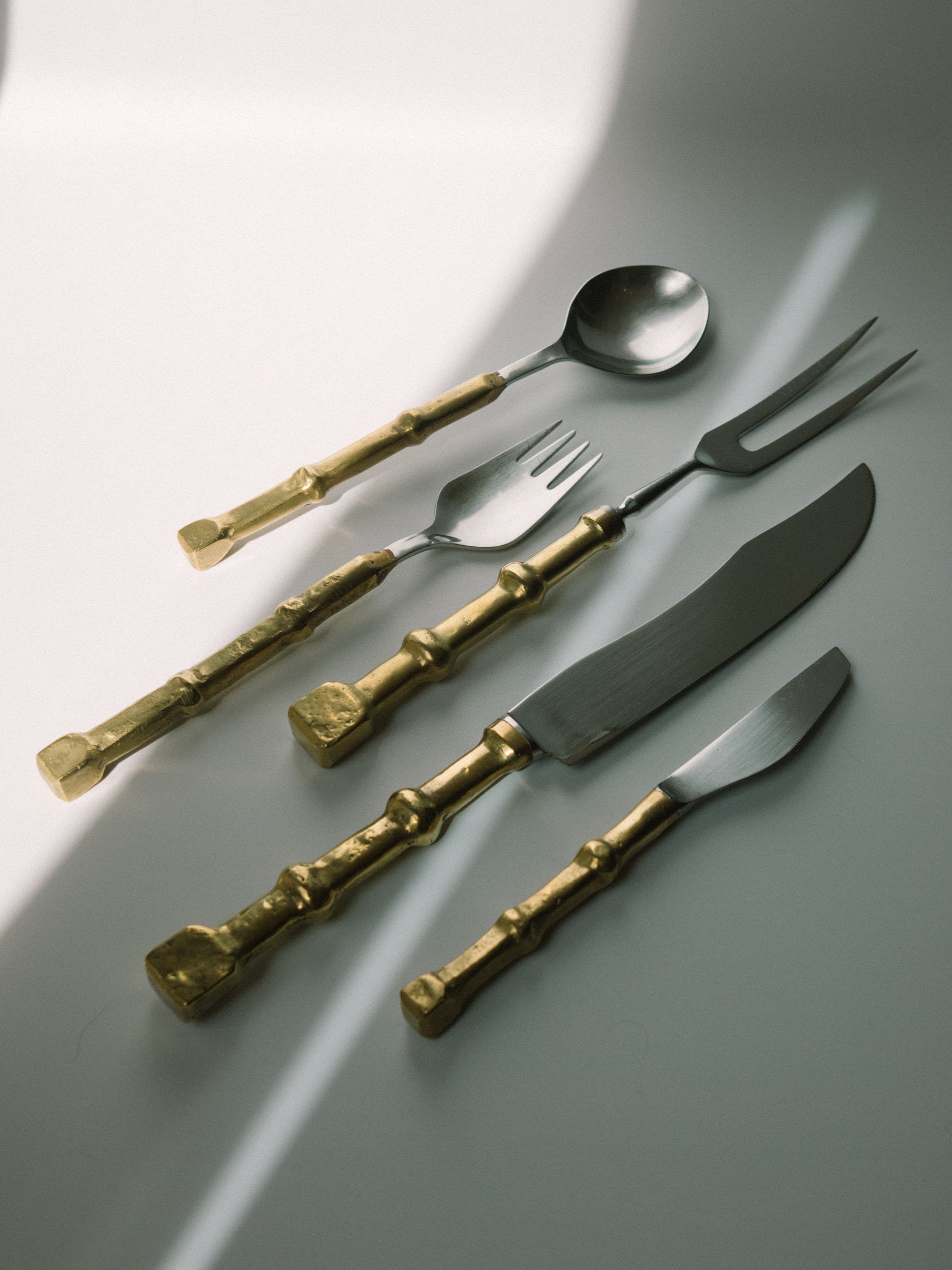 David Marshall Brutalist Brass and Stainless Steel Serveware Set, Spain, c. 1970s by Trove Paris | The Oblist