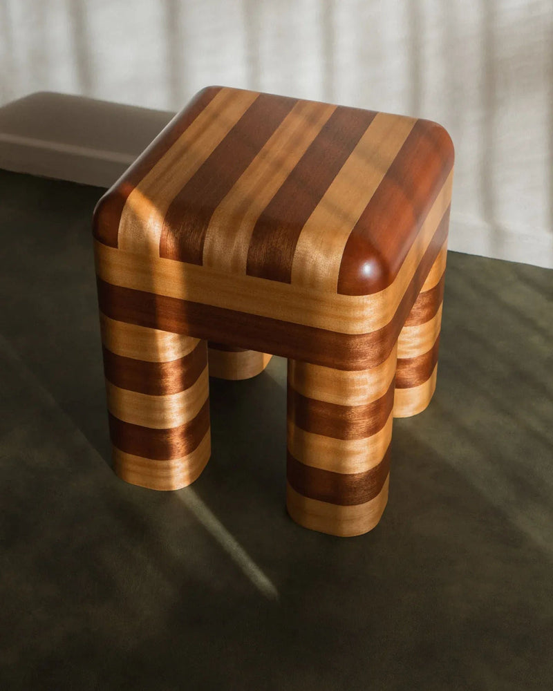 Marcello - Wooden Striped Stool / Side Table by mattina moderna | The Oblist — handcrafted wood, warm tones