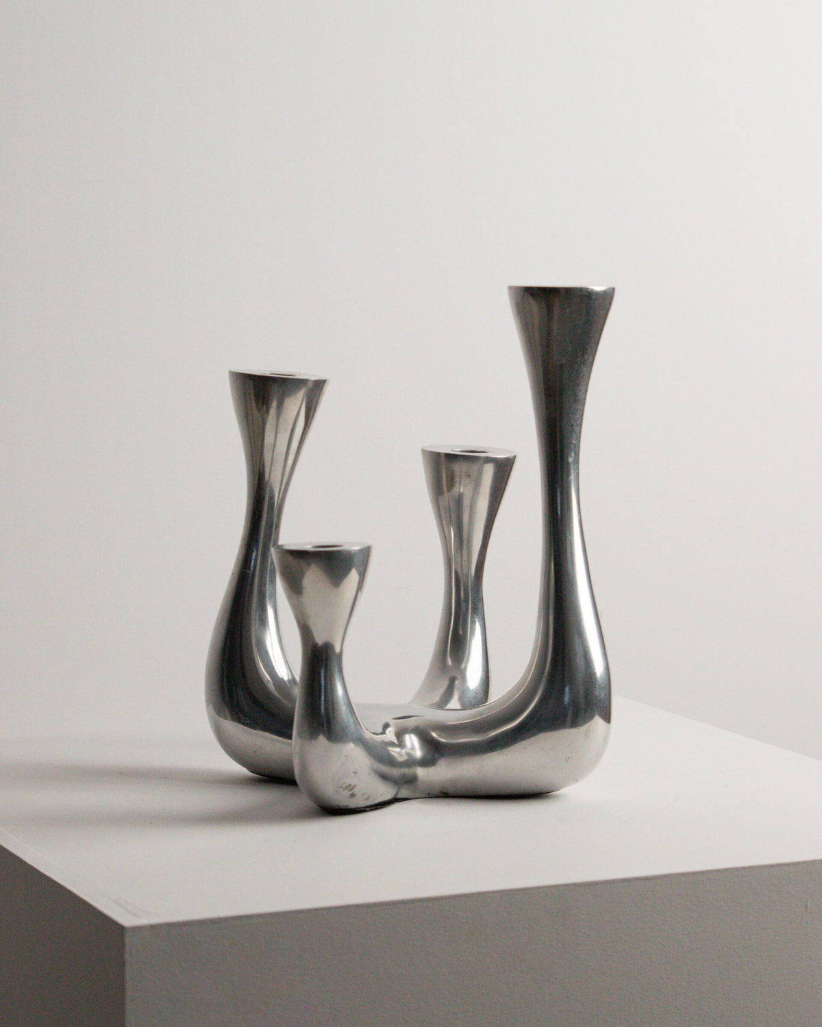 Organic Modern Four-Arm Candelabra in Polished Cast Aluminium, Swan Neck Arms, Northern European 1980s by Studio Ecubed