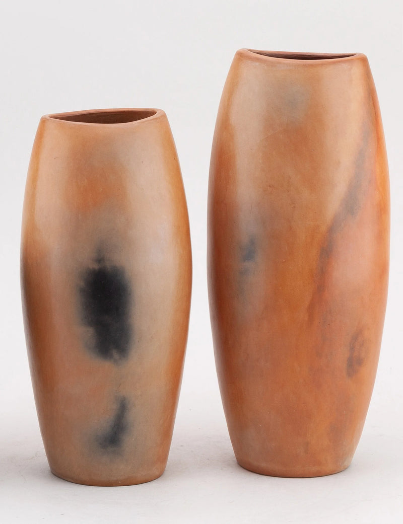 A pair of burnished earthenware decorative vessels — detail view