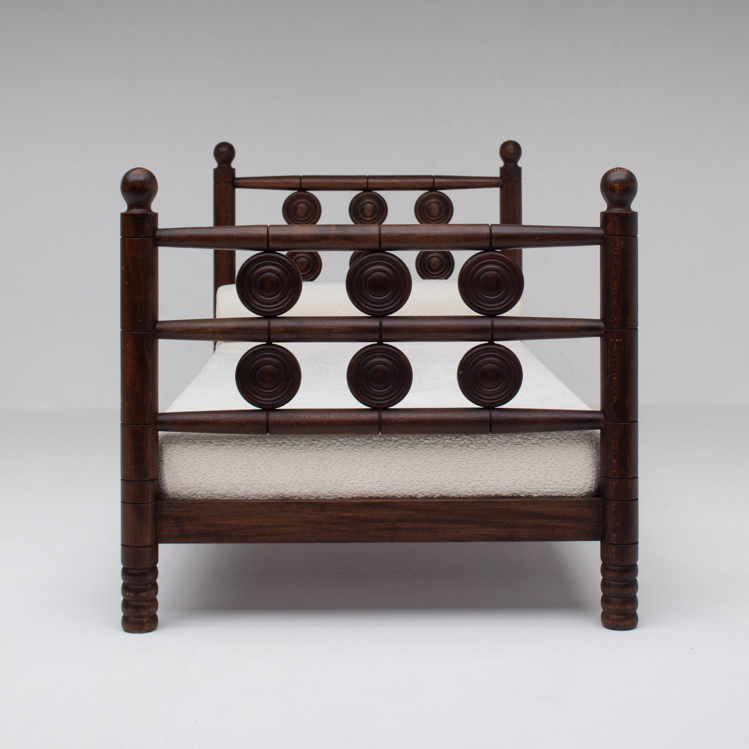 Mid-Century Wooden Bed with Sculptural Headboard — lifestyle setting