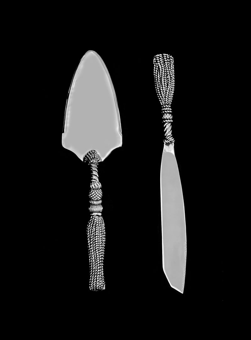 Silver-plated cake server set with ornate tassel handles
