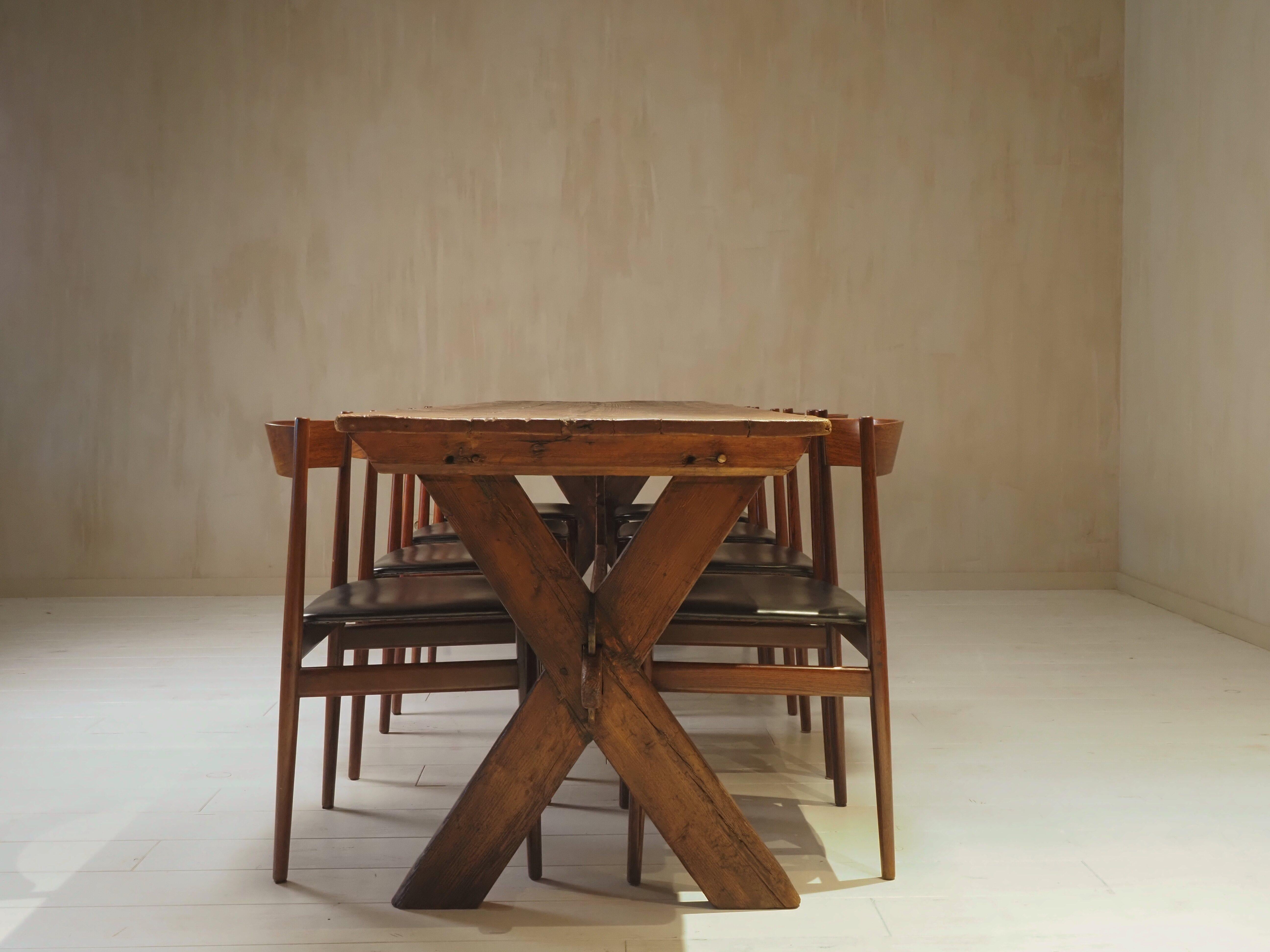 19th Century X-Frame Trestle and Cross Stretcher Base Table — side angle