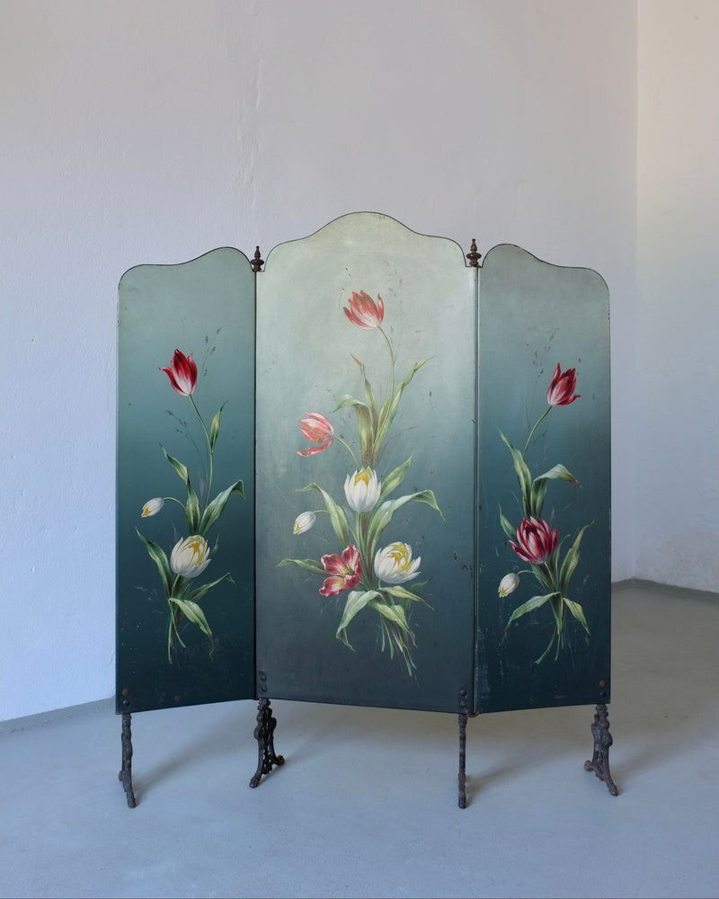 Art Nouveau tulip painted three-panel folding screen 1920s