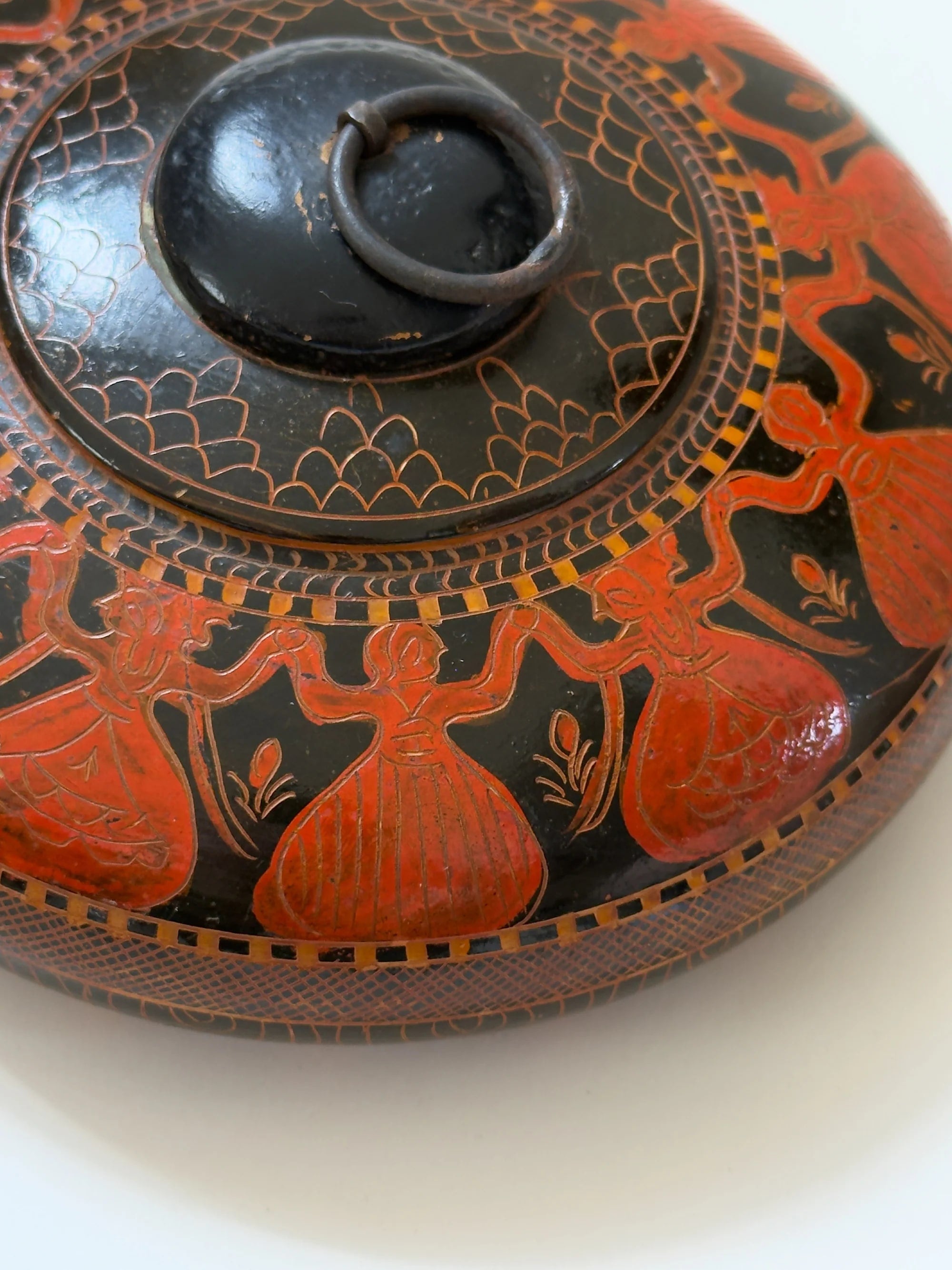 Antique Ottoman Painted Wooden Box — close-up of red and black painted design