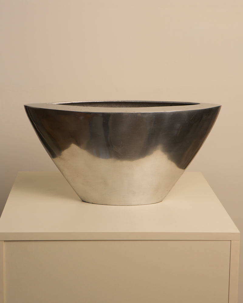 Large Italian metal bowl vase with reflective finish from 1980s