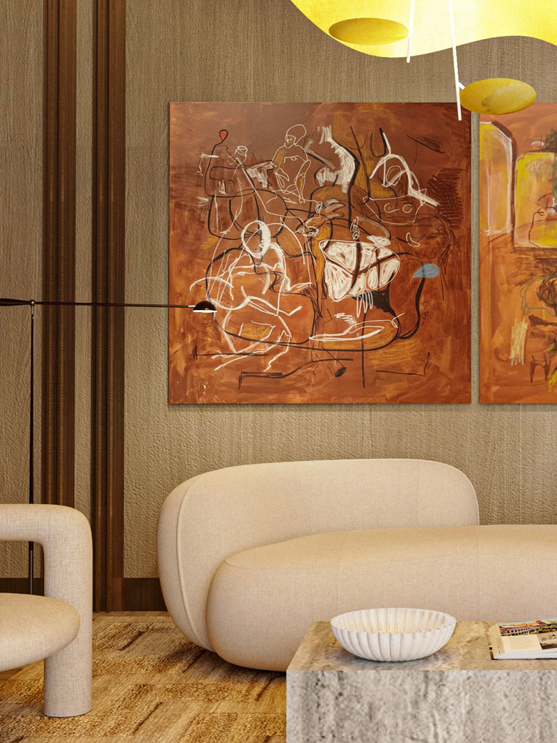 Intuitive Dilemma" Painting — detail of warm orange tones in living room setting