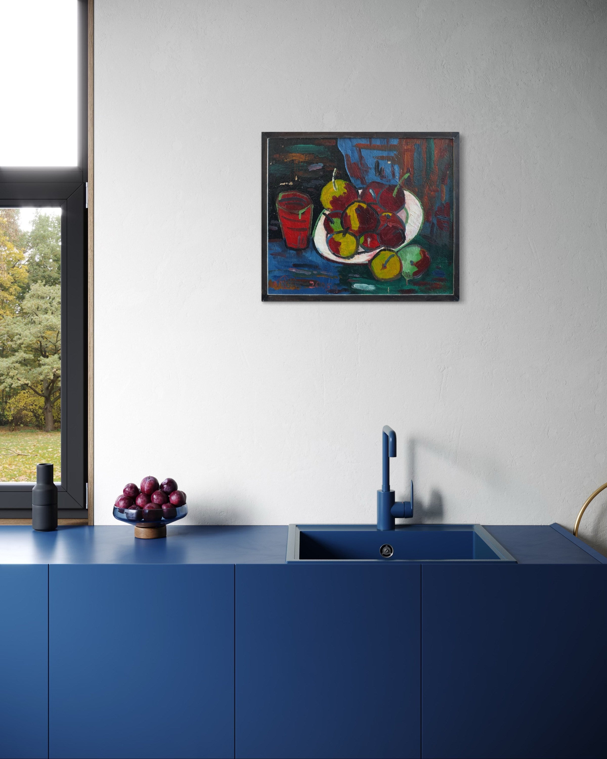 Uldis Rēdelis Still Life Painting "With Red Vessel" | Latvia | 2005 — displayed above blue kitchen sink